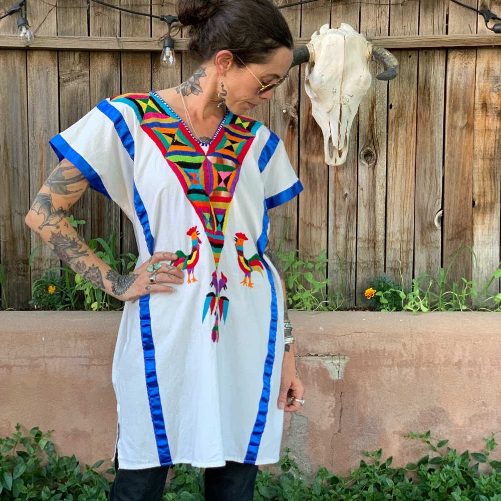 Vintage Mexican Embroidered Rooster Tunic Dress S/M